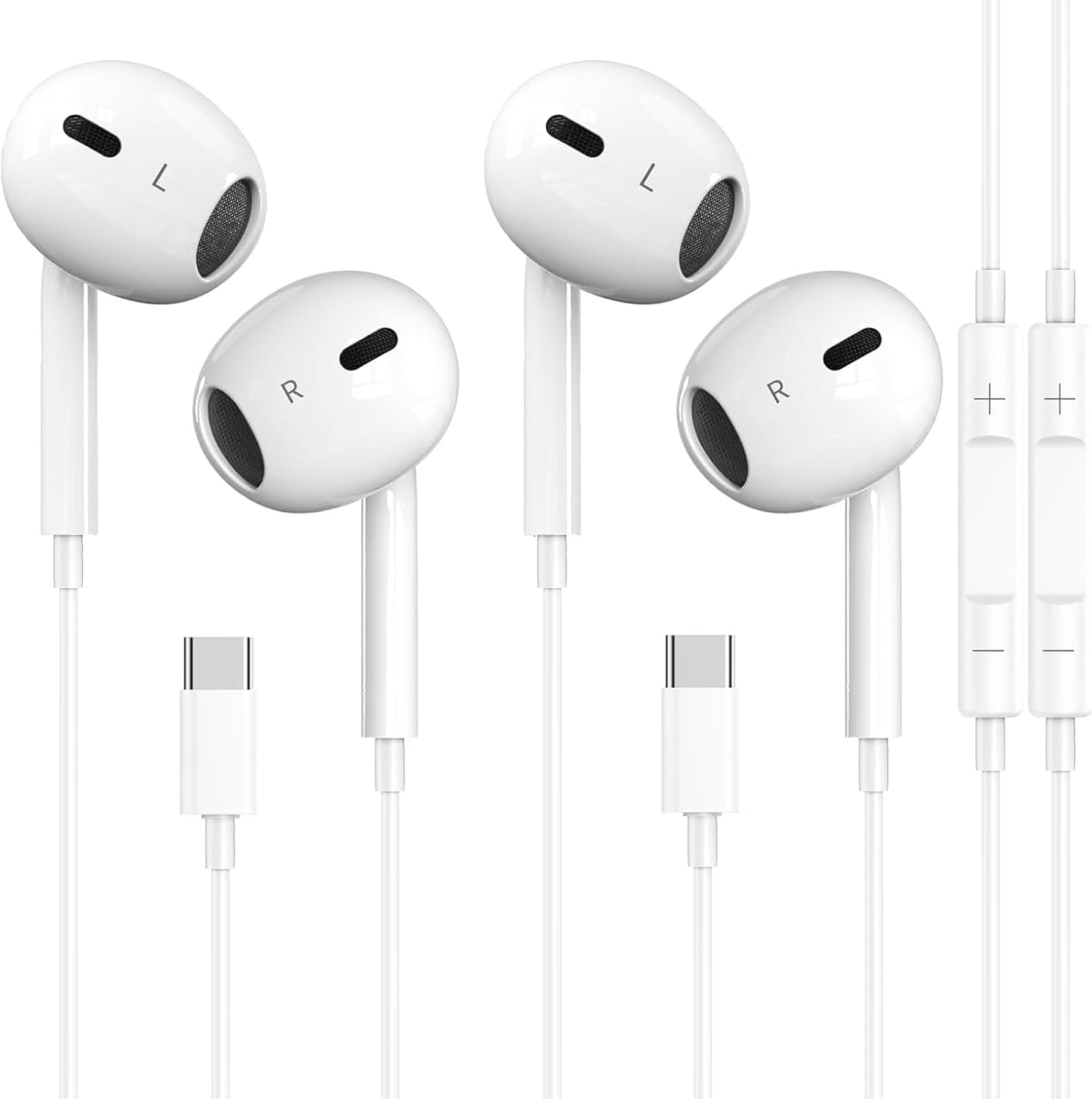 2 Pack-USB C Headphones for iPhone 17/16/15 Earbuds USB C Wired Earphones with Mic & Remote Control Noise Cancelling for iPhone 15, iPad Pro, Galaxy S23/S22/S21/S20/Ultra Note 10/20, Pixel 7/6/6a/5/4 USB C White