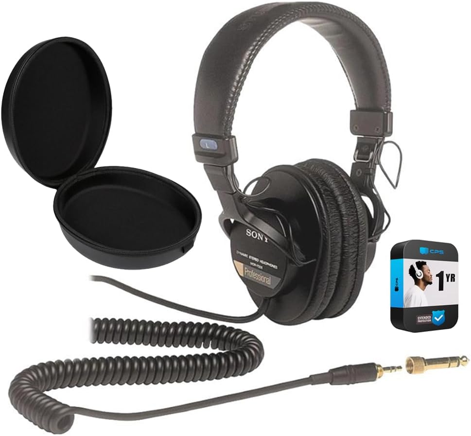 MDR7506 Professional Large Diaphragm Headphones Bundle with Headphone Case Black and 1 YR CPS Enhanced Protection Pack