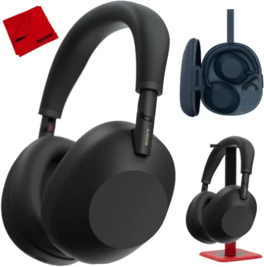 WH-1000XM6 Best Wireless Noise Canceling Headphones, Black Bundle with Deco Gear Pro Audio Headphone Stand in Matte Black/Red