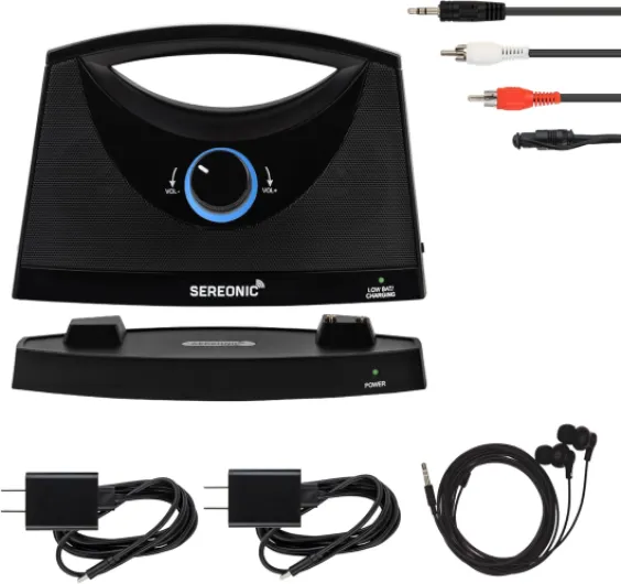 PRO Portable Wireless TV Speakers for Smart TV Without The Blaring Volume, Ideal for Elderly and Hard of Hearing with Extra Earbuds and Power Adapter - 100ft Range (Black)