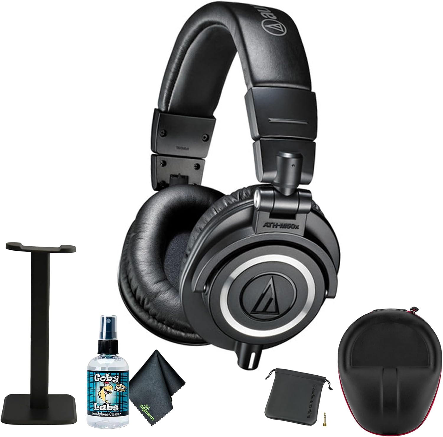 Audio-Technica ATH-M50x Professional Studio Monitor Headphones, Black + Microfiber Cleaning Cloth + Headphone Stand + Headphone CASE + Goby Labs Headphone Cleaner 4 fl oz