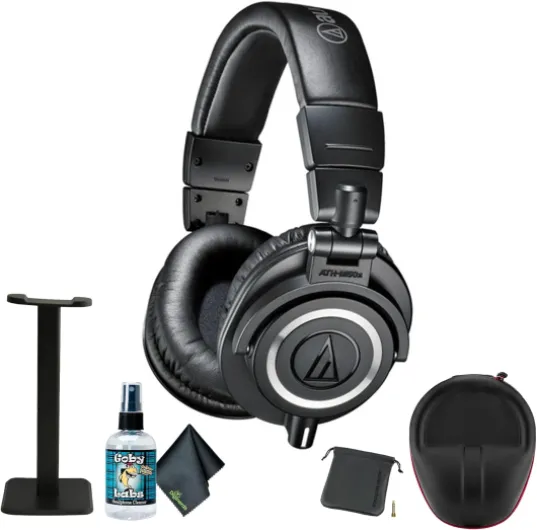 Audio-Technica ATH-M50x Professional Studio Monitor Headphones, Black + Microfiber Cleaning Cloth + Headphone Stand + Headphone CASE + Goby Labs Headphone Cleaner 4 fl oz