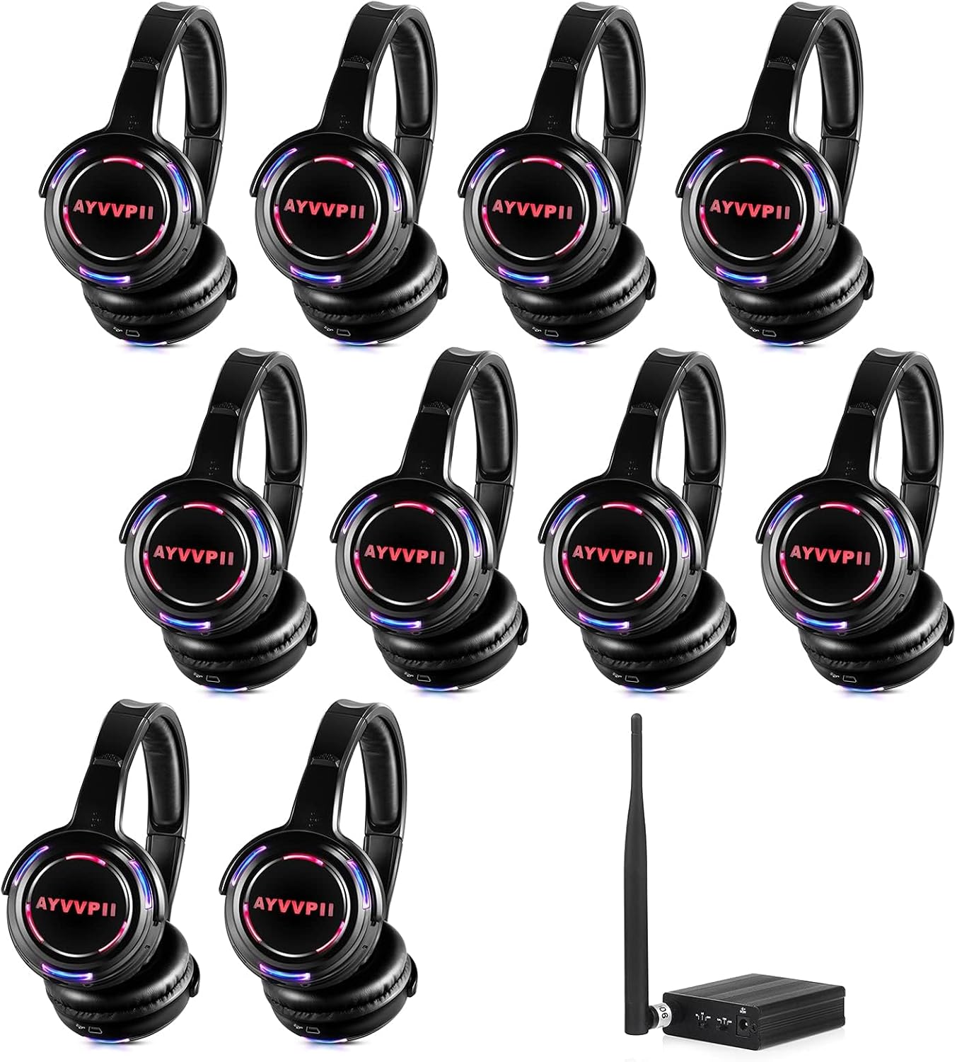 Rechargeable Wireless Silent Disco Headphones RF LED Flashing Light Headset 10pcs Headphones Bundle and 1 Transmitter 500m Distance