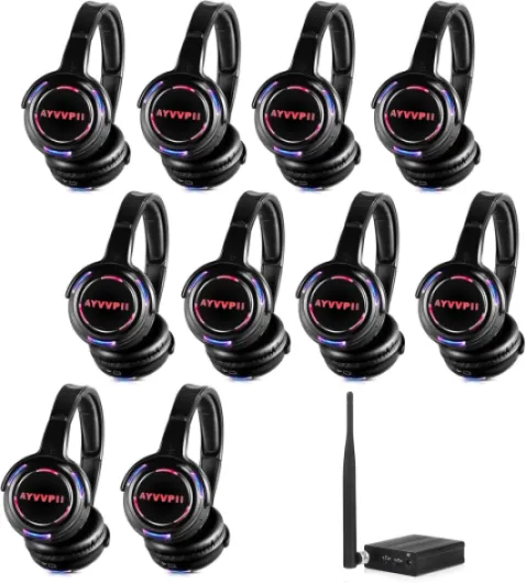 Rechargeable Wireless Silent Disco Headphones RF LED Flashing Light Headset 10pcs Headphones Bundle and 1 Transmitter 500m Distance