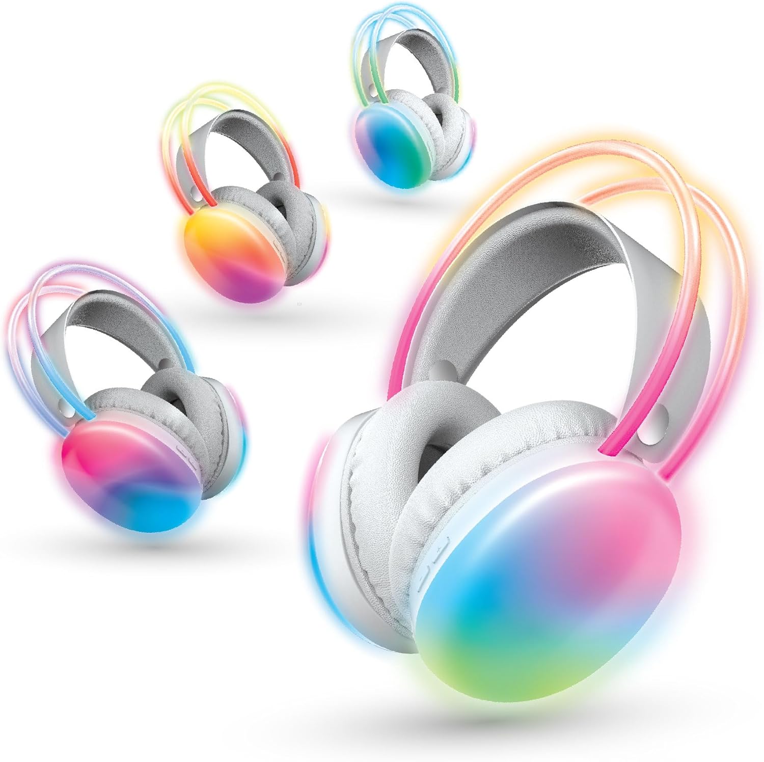 Wireless Silent Disco Headphones, Multicolor LED Lights, Bluetooth 5.0, Up to 10 Hours of Playtime, 4 Pack