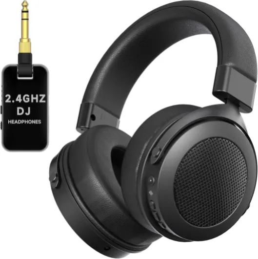 2.4GHz Wireless Headphones for Bass Guitar, 20ms Low Latency, Wireless Over Ear Headphones with 6.35mm & 3.5mm Jack for Studio Monitor & Mixing DJ AMP Keyboard, Pure Black Pure Black 2.4GHz Wireless