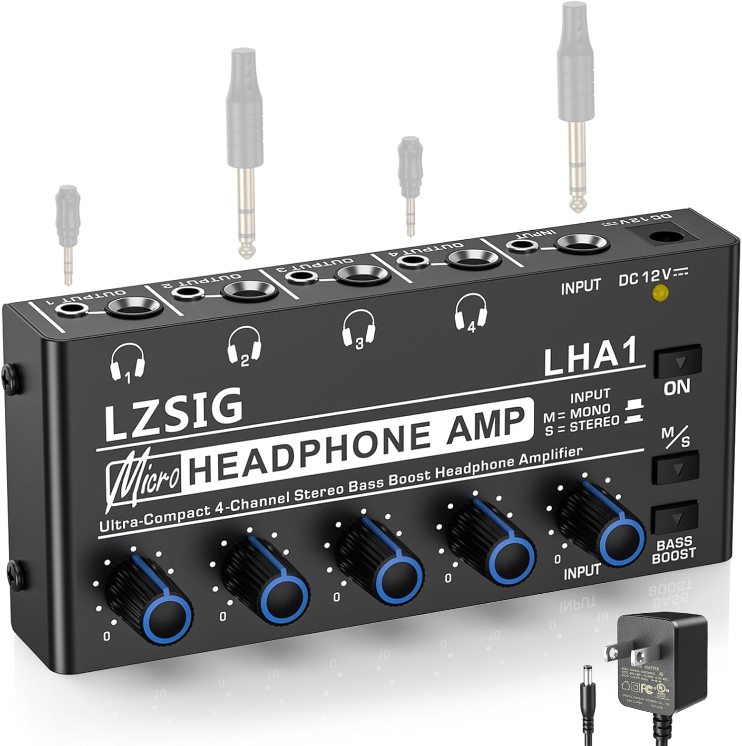 Headphone Amplifier 4 Channel, Metal Stereo Audio Amplifier with Bass Boost, Mini Earphone Splitter with Power Adapter, 1/4" & 1/8" TRS Headphones Output & TRS Audio Input, DC 12V Small(4-channel)