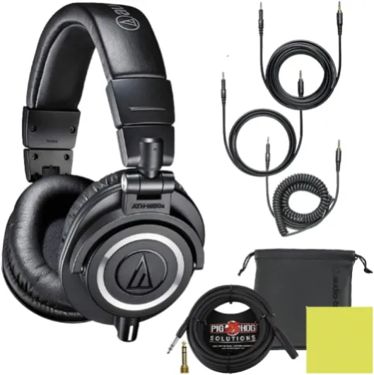 Audio Technica ATH-M50X Professional Studio Monitor Headphones Black Bundle with Pig hog 25ft Extension Cable & Liquid Polishing Cloth with Detachable Cable Black + 25ft Cable