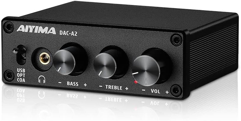DAC-A2 Headphone Amplifier DAC with Bass Treble Controls PC-USB/Optical/Coaxial Inputs, RCA/3.5mm Headphone Ouput Digital to Analog Desktop Audio Converter DC 5V 24Bit 192kHz