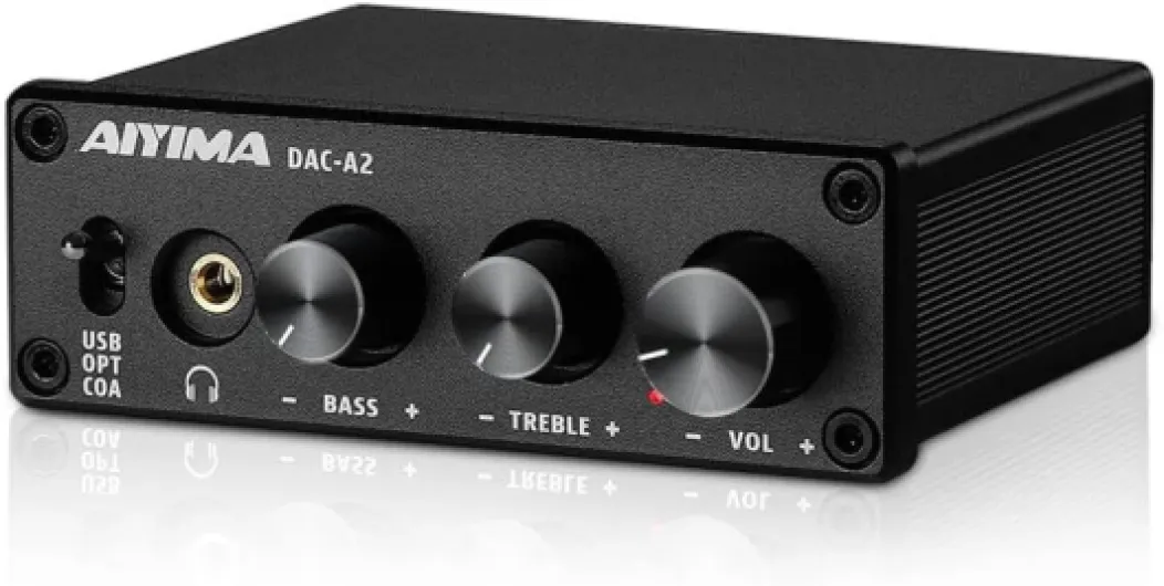 DAC-A2 Headphone Amplifier DAC with Bass Treble Controls PC-USB/Optical/Coaxial Inputs, RCA/3.5mm Headphone Ouput Digital to Analog Desktop Audio Converter DC 5V 24Bit 192kHz