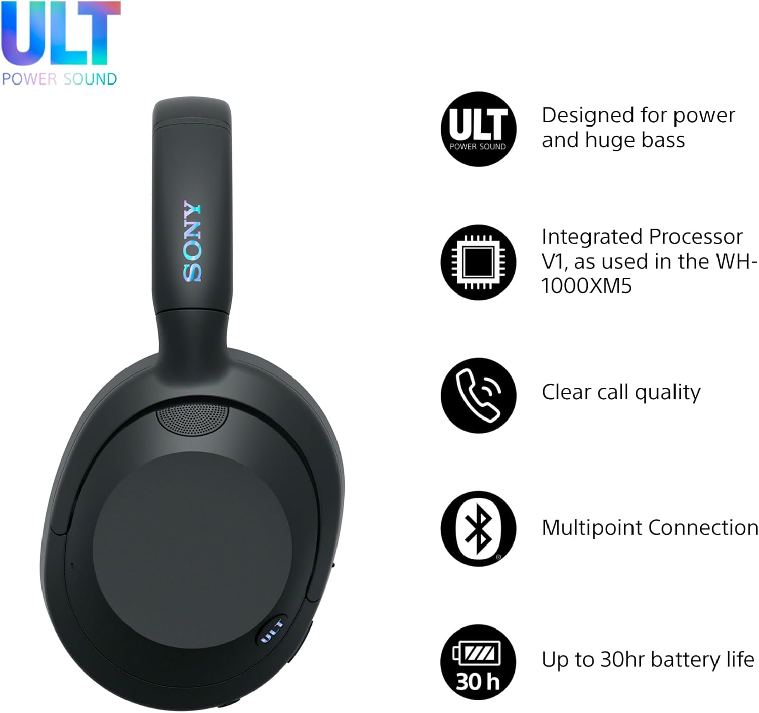 ULT WEAR - Wireless Noise Cancelling Headphones, ULT POWER SOUND, Ultimate Deep Bass, Same Processor as WH-1000XM5, Clear Calls, 30hr Battery, IOS & Android - Black