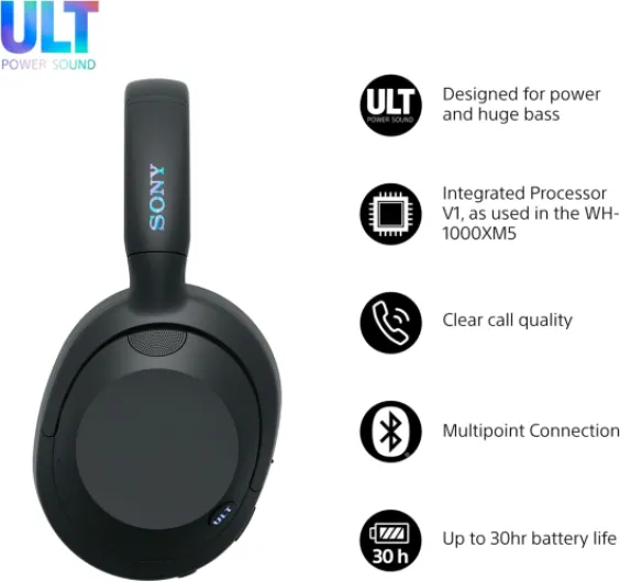 ULT WEAR - Wireless Noise Cancelling Headphones, ULT POWER SOUND, Ultimate Deep Bass, Same Processor as WH-1000XM5, Clear Calls, 30hr Battery, IOS & Android - Black