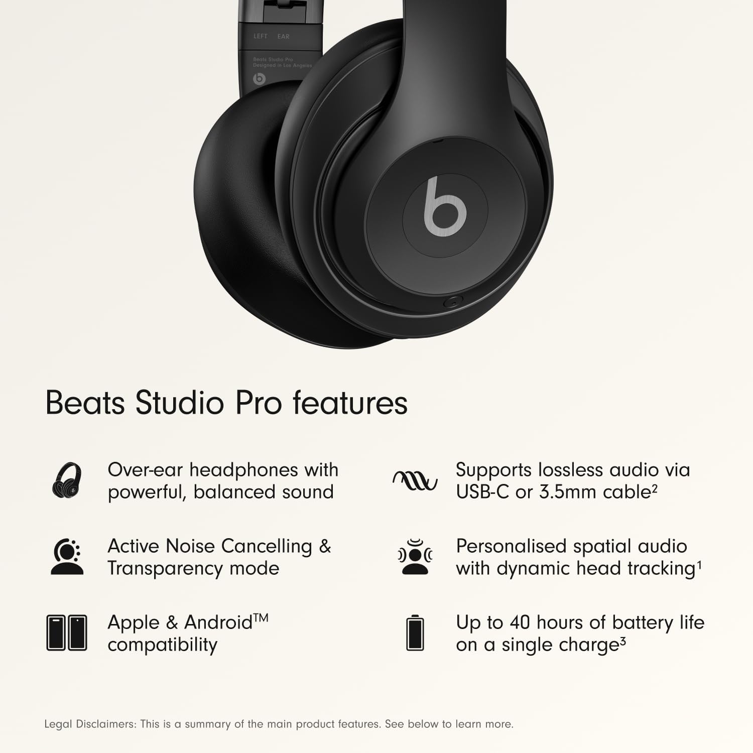 Beats Studio Pro – Wireless Bluetooth Noise Cancelling Headphones – Personalised Spatial Audio, USB-C Lossless Audio, Apple & Android Compatibility, Up to 40 Hours Battery Life – Black