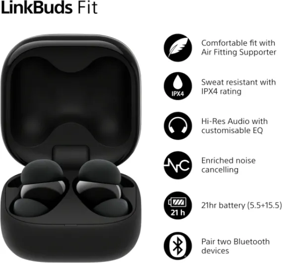 LinkBuds Fit – Truly Wireless Noise Cancelling Bluetooth Earbuds - All Day Comfort, IPX4, Hi-Res Audio, Ambient Sound Mode, 21Hrs Battery Life, Multipoint Connection, iOS & Android - Black Linkbuds Fit Black