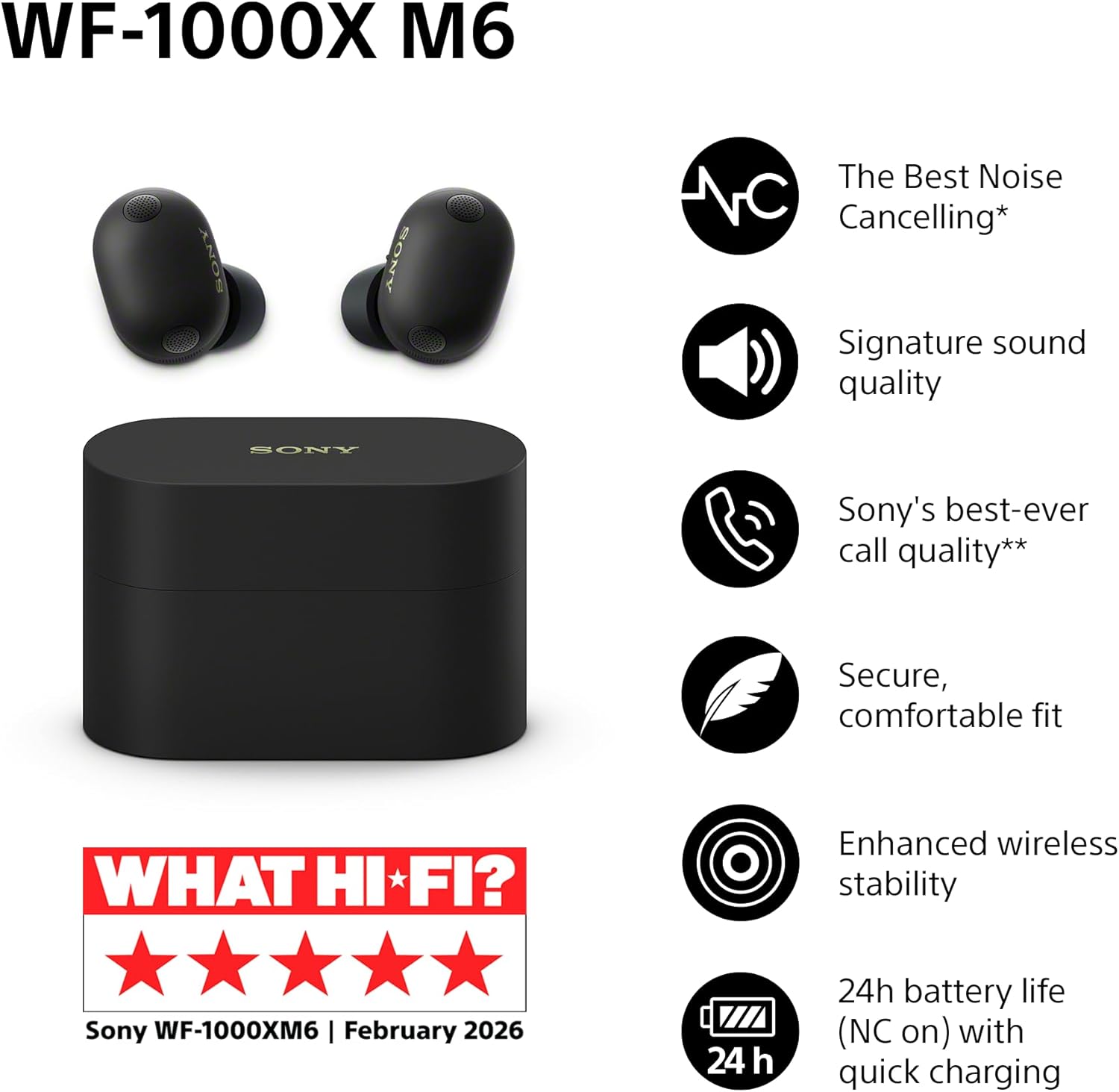WF-1000XM6 Flagship Wireless Noise Cancelling Earbuds, Bluetooth, In-ear Headphones, Signature Hi-Res Sound, Clear Calls, 10 band EQ, 24 Hr Battery NC On, IPX4, iOS & Android - Black