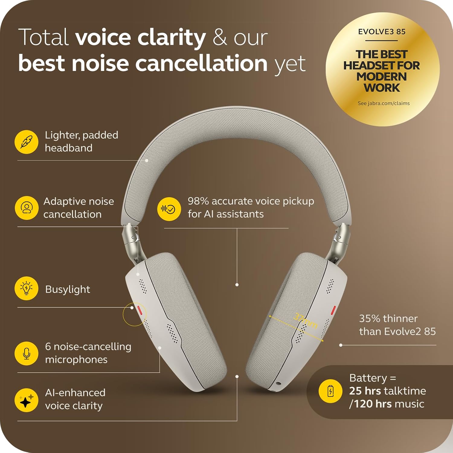 Evolve3 85 Over-Ear Wireless Bluetooth Headset with Microphone for Work, USB-C, AI Voice Call Technology, Adaptive Active Noise Cancellation, 25-Hour Battery, Works with Meeting Apps, Warm Grey Warm Grey USB-C Adapter - No stand All platforms