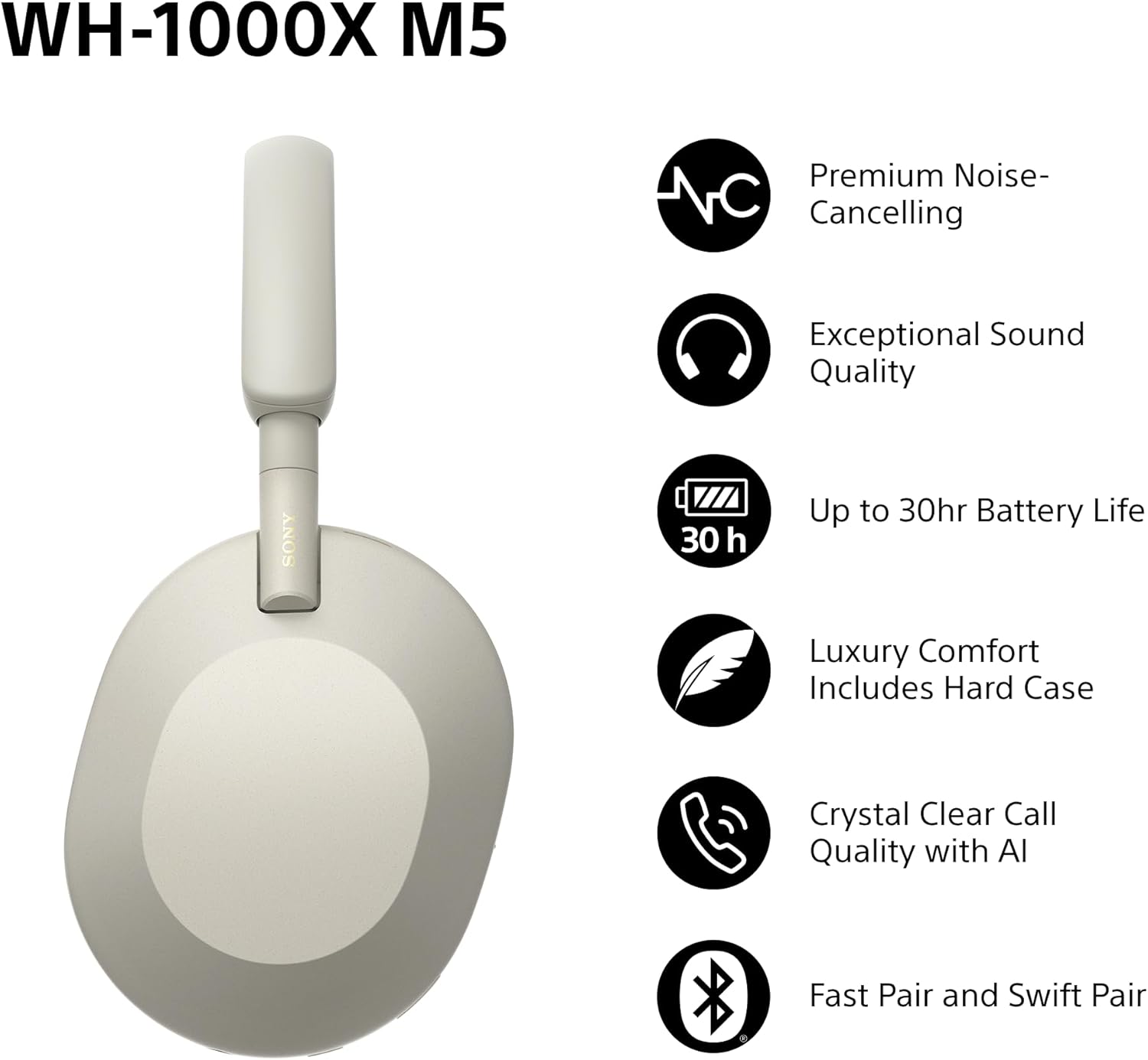 WH-1000XM5S Noise Canceling Wireless Headphones - 30hr Battery Life - Over-Ear Style - Optimized for Alexa and Google Assistant - Built-in mic for Calls - Silver/Gold With Hard Case Silver