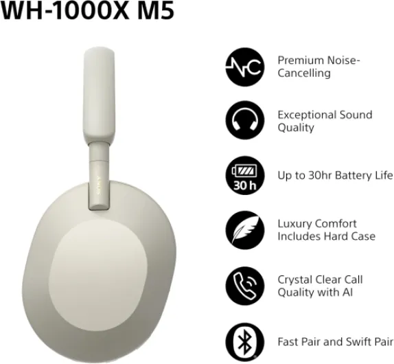 WH-1000XM5S Noise Canceling Wireless Headphones - 30hr Battery Life - Over-Ear Style - Optimized for Alexa and Google Assistant - Built-in mic for Calls - Silver/Gold With Hard Case Silver