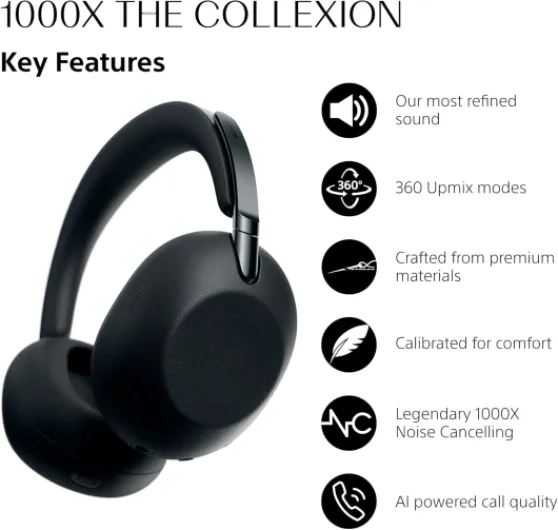 1000X THE COLLEXION Luxury Over-Ear Wireless Bluetooth Headphones, Studio-Grade Hi-Res Sound,Premium Noise Cancelling, 360 Spatial Audio, Durable Case, iOS & Android – Black, New Model