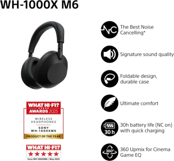 WH-1000XM6 Flagship Noise Cancelling Over-Ear Wireless Bluetooth Headphones, Signature Hi-Res Sound, Comfort, Foldable Design, Durable Case, 30 HR Battery NC On, iOS & Android – Black
