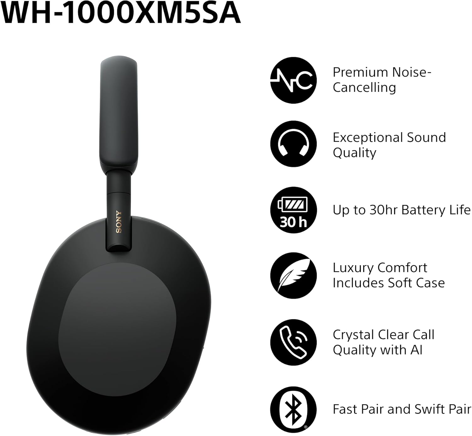 WH-1000XM5SA Special Edition Soft Case Premium Noise Cancelling Wireless Over-Ear Headphones, Bluetooth, Clear Call Quality, Hi-Res Audio, Up to 30hr Battery Life, iOS & Android - Black With Soft Case Black