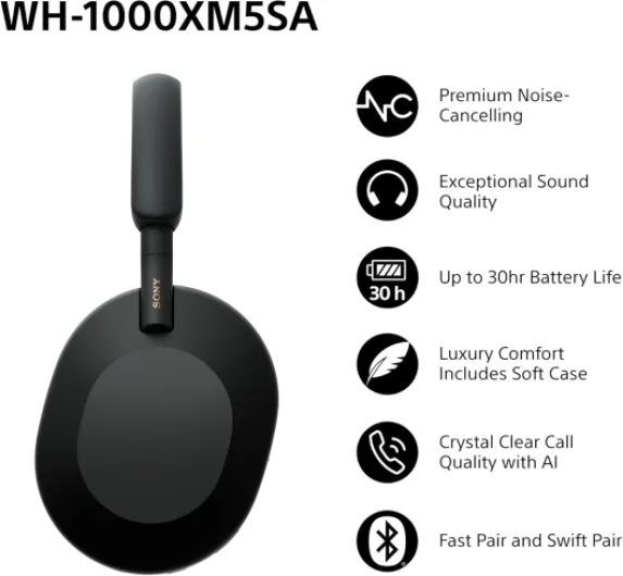 WH-1000XM5SA Special Edition Soft Case Premium Noise Cancelling Wireless Over-Ear Headphones, Bluetooth, Clear Call Quality, Hi-Res Audio, Up to 30hr Battery Life, iOS & Android - Black With Soft Case Black