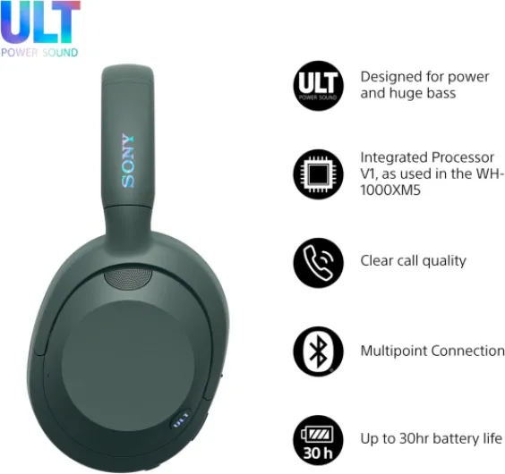 ULT WEAR - Wireless Noise Cancelling Headphones, ULT POWER SOUND, Ultimate Deep Bass, Same Processor as WH-1000XM5, Clear Calls, 30hr Battery, IOS & Android - Forest Gray
