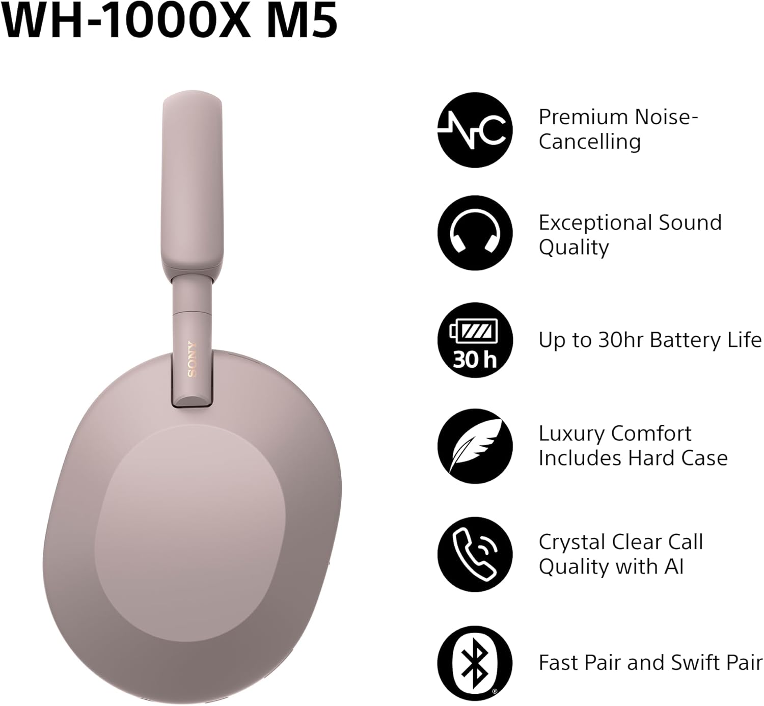 WH-1000XM5 Wireless Over-Ear Headphones, Premium Active Noise Cancelling with personalized Spatial Audio, Up to 30hr Battery Life, Bluetooth Headphones, Smoky Pink With Hard Case Smoky Pink