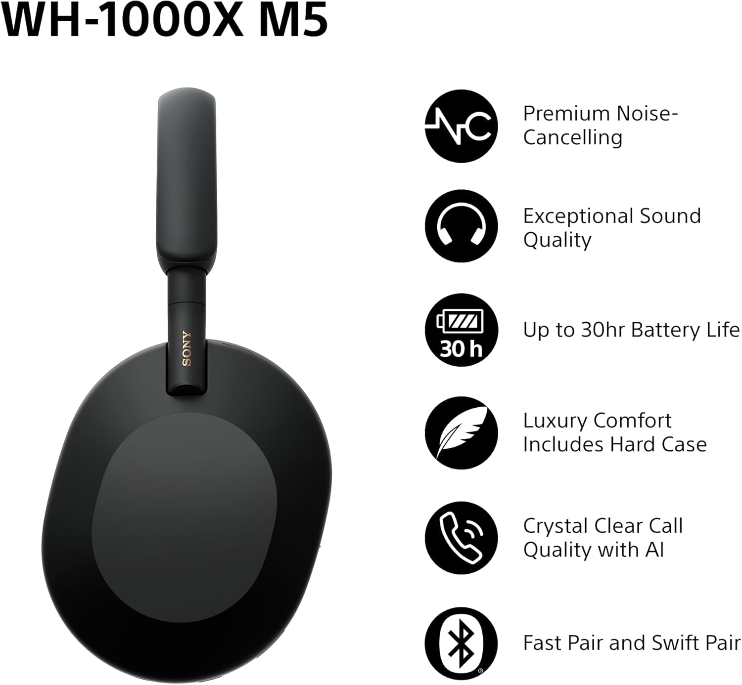 WH-1000XM5 Wireless Over-Ear Headphones, Premium Active Noise Cancelling with personalized Spatial Audio, Up to 30hr Battery Life, Bluetooth Headphones, Black With Hard Case Black