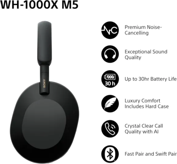 WH-1000XM5 Wireless Over-Ear Headphones, Premium Active Noise Cancelling with personalized Spatial Audio, Up to 30hr Battery Life, Bluetooth Headphones, Black With Hard Case Black