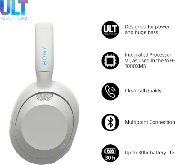 ULT WEAR - Wireless Noise Cancelling Headphones, ULT POWER SOUND, Ultimate Deep Bass, Same Processor as WH-1000XM5, Clear Calls, 30hr Battery, IOS & Android - White Off White