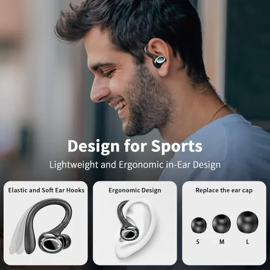 Wireless Earbuds, Bluetooth 5.3 Headphones Sports with ENC Mic, 48H Stereo Noise Cancelling Ear Buds, Wireless Headphones with Earhooks, LED Display, IP7 Waterproof Bluetooth Earphones for Running Gym black-grey