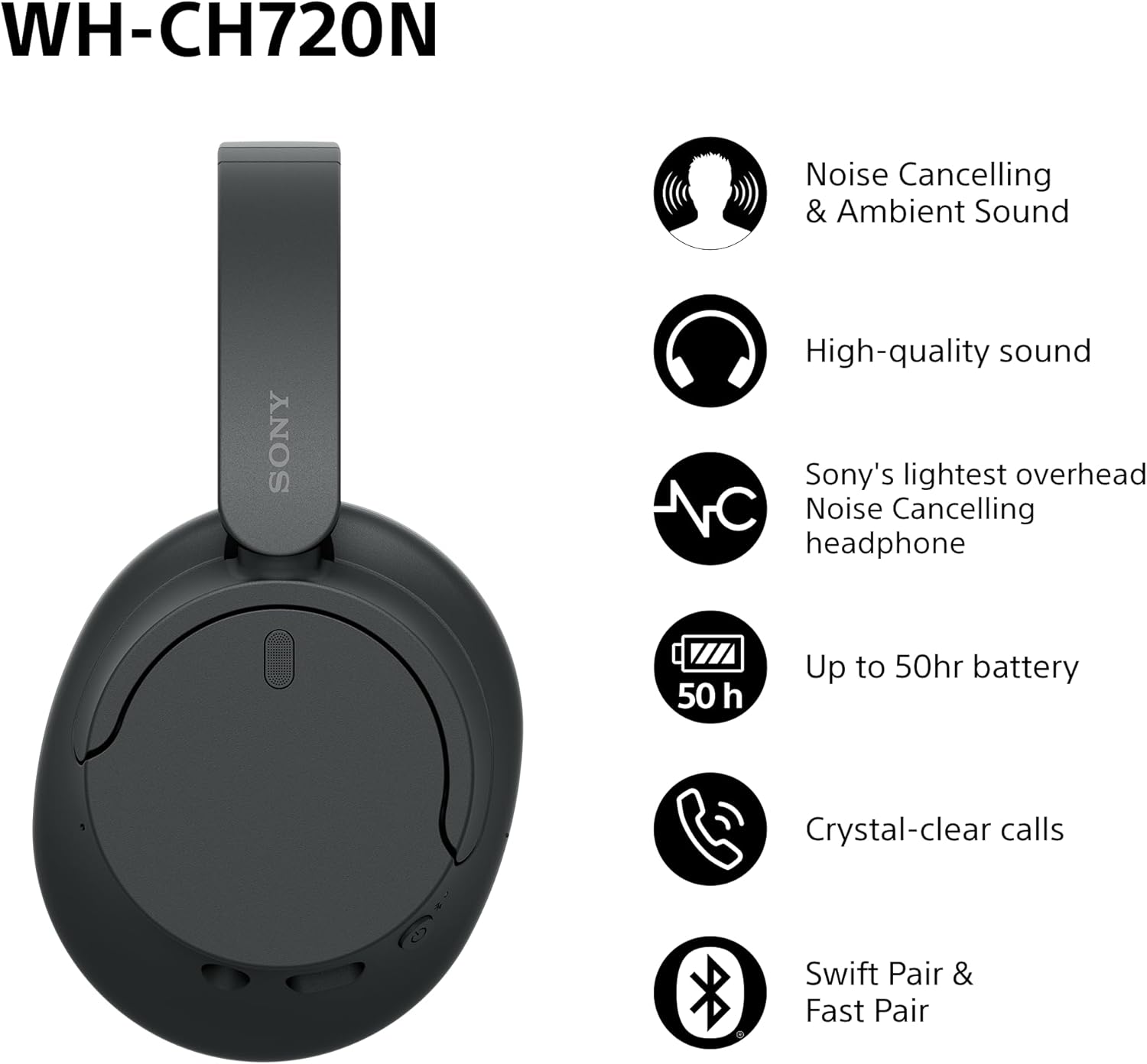 WH-CH720N Wireless Bluetooth Noise Cancelling Over-Ear Headphones, Ambient Sound Mode, Lightweight Design, up to 35 Hr Battery Life, iOS & Android - Black