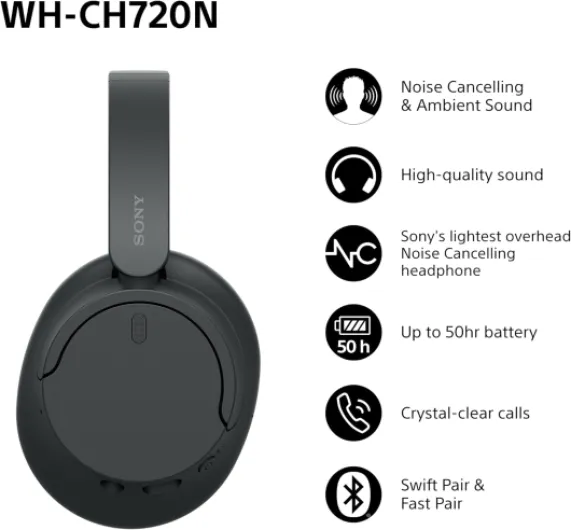 WH-CH720N Wireless Bluetooth Noise Cancelling Over-Ear Headphones, Ambient Sound Mode, Lightweight Design, up to 35 Hr Battery Life, iOS & Android - Black