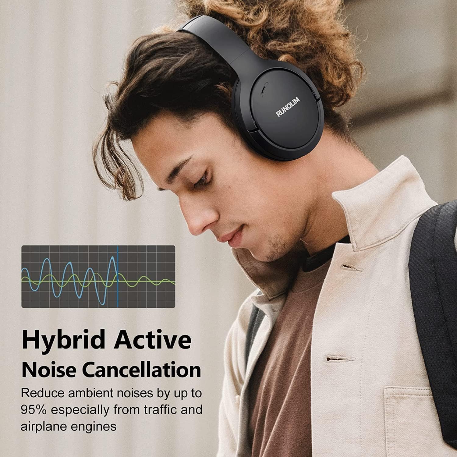 Hybrid Active Noise Cancelling Headphones, Wireless Bluetooth Headphones with Microphone, 100H Playtime, Foldable Wireless Headphones Over Ear with HiFi Audio, Deep Bass for Home Travel Office Black
