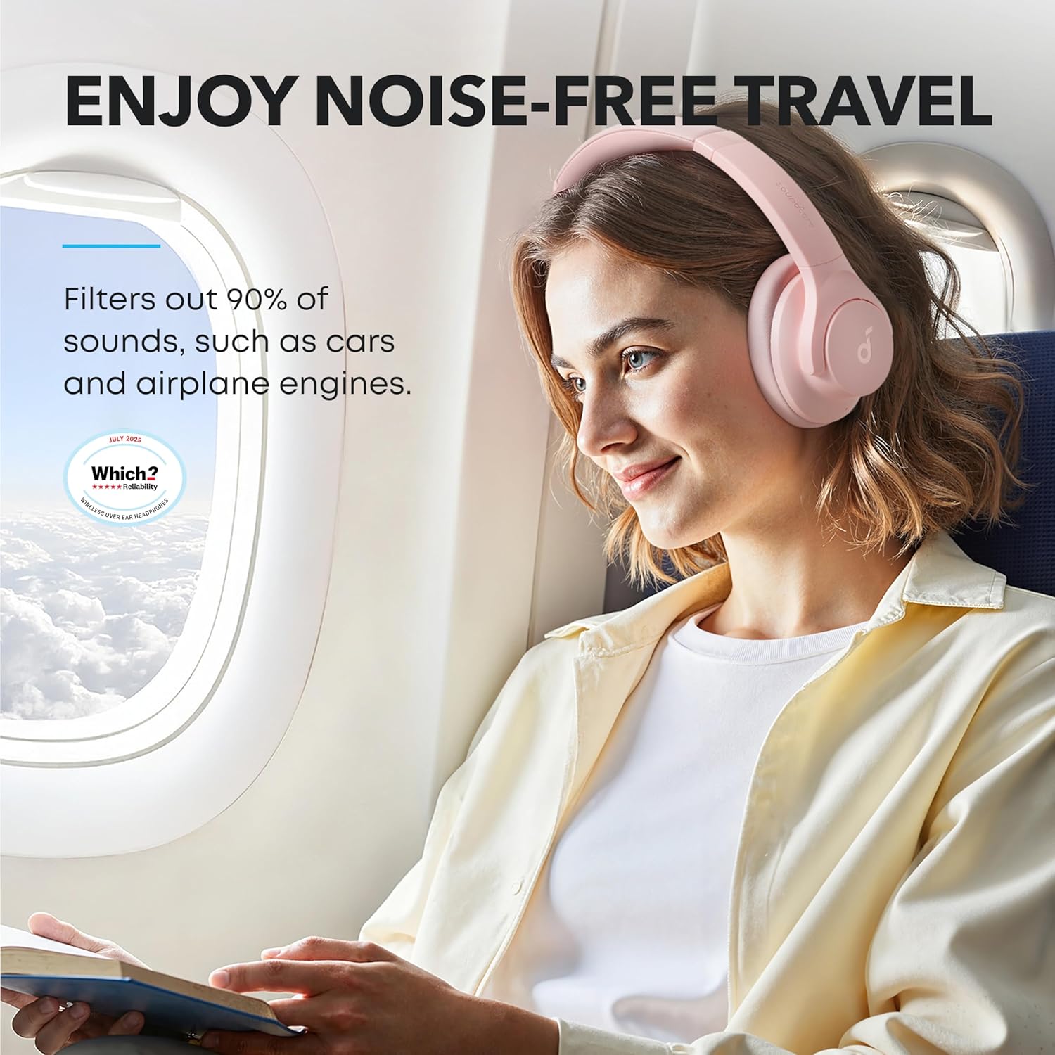By Anker Q20i Hybrid Active Noise Cancelling Headphones, Wireless Over-Ear Bluetooth, 40H Long ANC Playtime, Hi-Res Audio, Big Bass, Customize via an App, Transparency Mode (Pink)